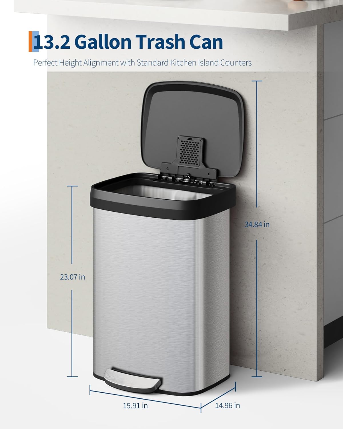 Garvee 13 Gallon / 50 L Stainless Steel Trash Can with Lid, Large Garbage Can for Kitchen, Rustproof Step-on Kitchen Metal Trash Bin with Liner Rim, Rear Handle, Soft Close Plastic Lid, Silver