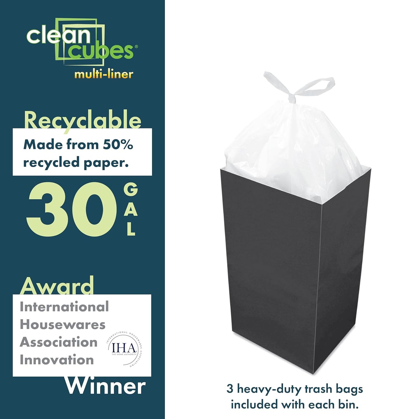 30 Gallon Disposable Pop-Up Trash Cans (3-Pack, Multi-Liner) with Fitted Bags – Foldable Garbage & Recycling Bins for Parties, Events & Kitchen (Black 30" H x 14" W x 17" D)