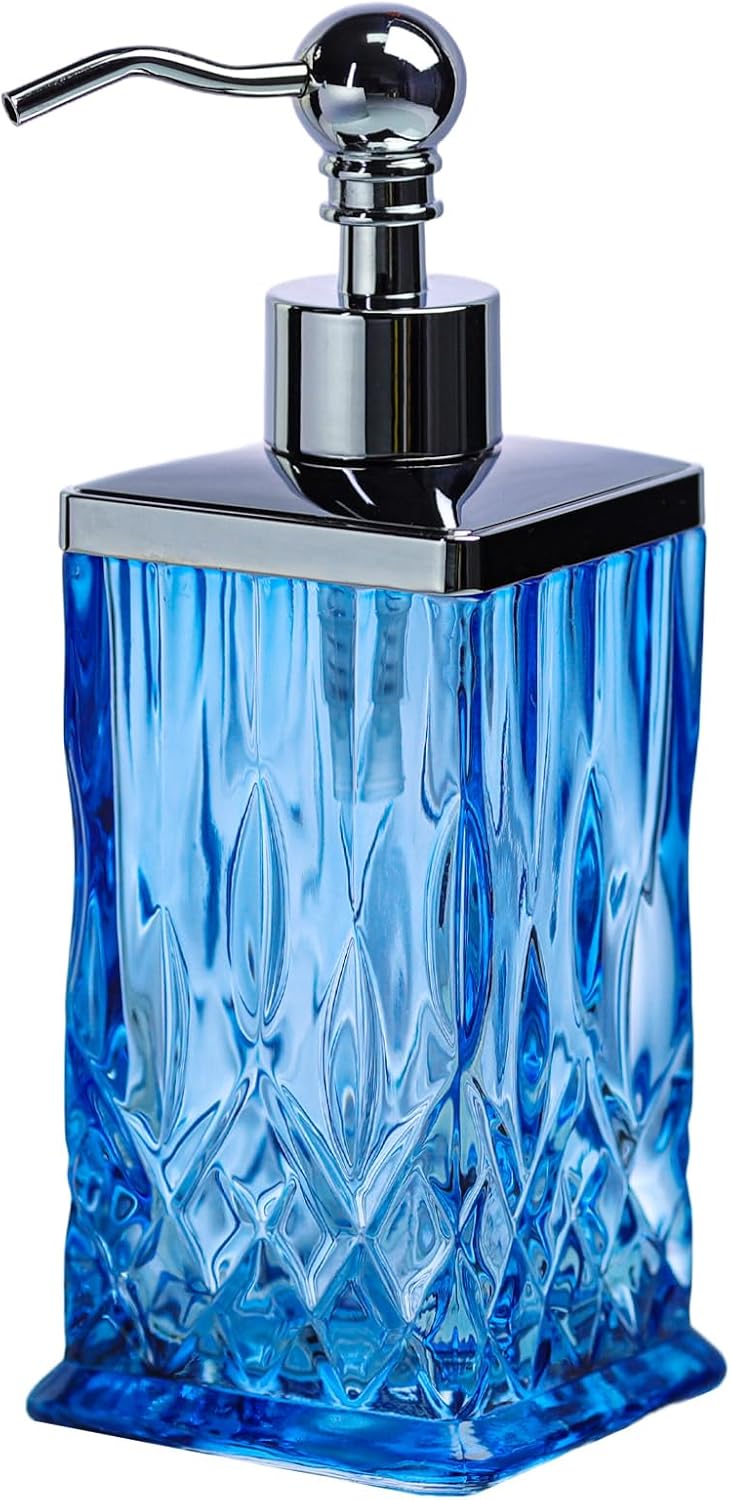 10Oz Diamond Grid Pattern Blue Glass Soap Dispenser with Rust Proof Stainless Steel Pump,Refillable Hand Soap Dispenser for Bathroom & Kitchen Hand Soap,Lotion,Body Wash(Square)