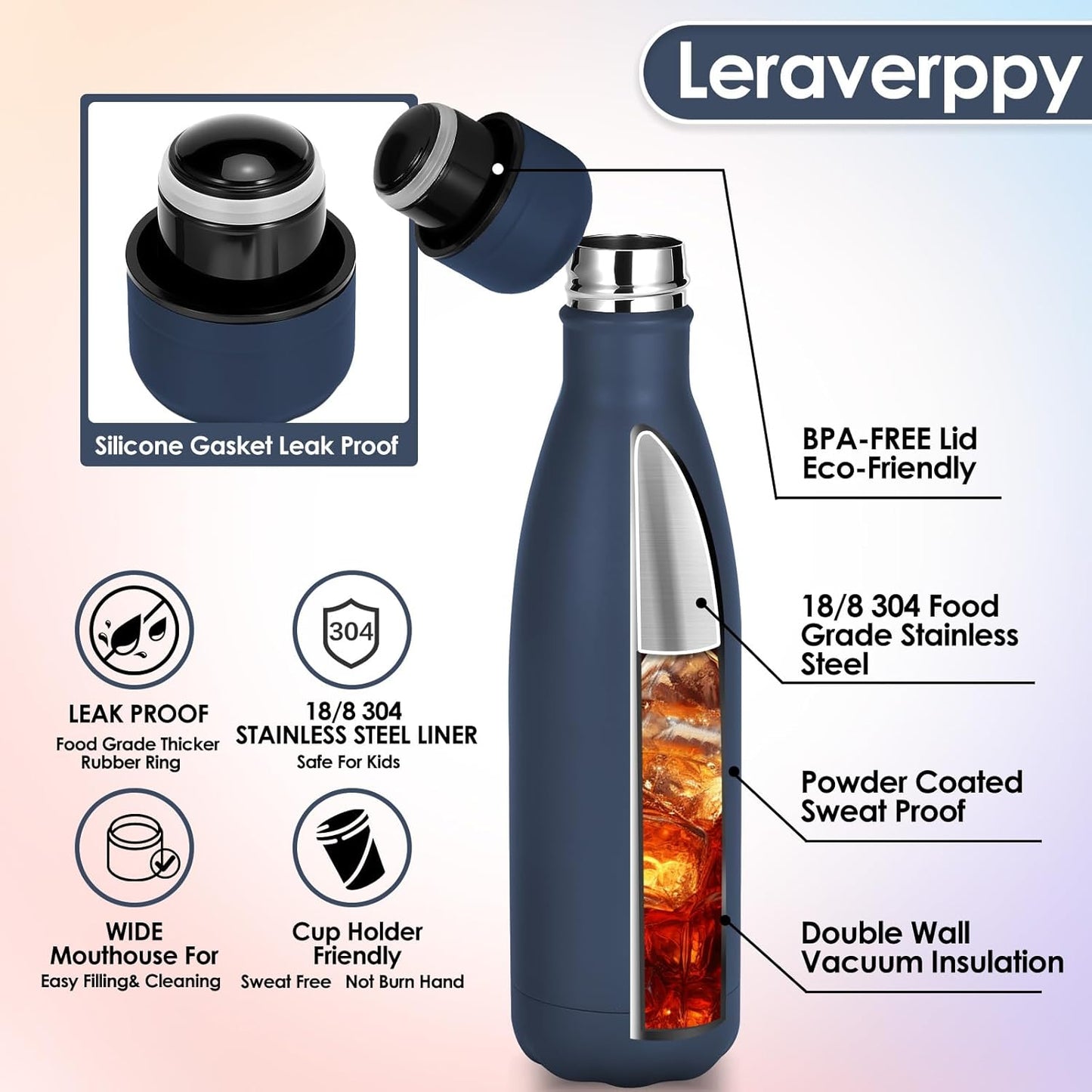 17oz Cola-Bottle Shaped Stainless Steel Leak-proof Water Bottle,Double Wall Vacuum Insulated Metal,Travel Mug For Sports Indoors & Outdoors,BPA-Free School Kids Flasks,Navy(8Pack)