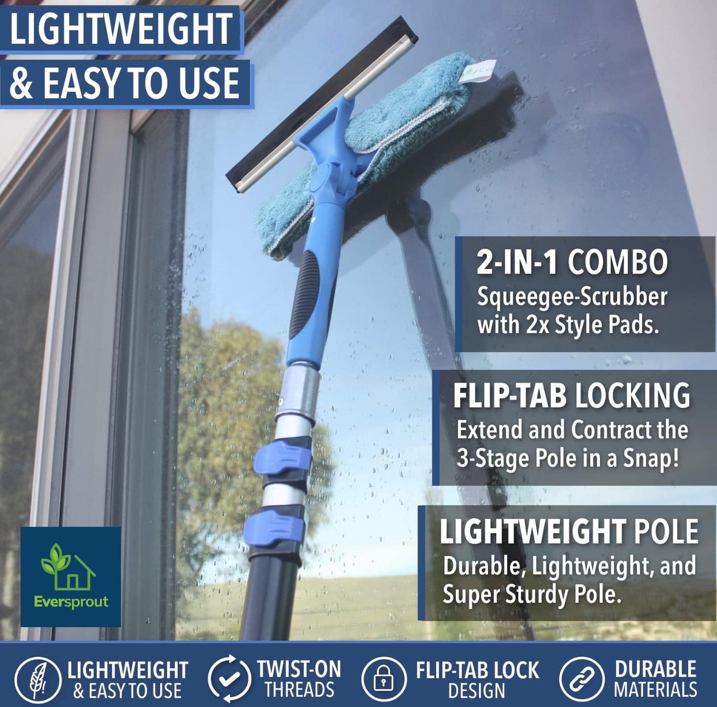 EVERSPROUT 7-to-20 Foot Swivel Squeegee & Microfiber Glass Window Scrubber, Window Squeegee & Window Cleaner, Light-Weight Window Washing Kit with Extension Pole, Squeegee for Window Cleaning