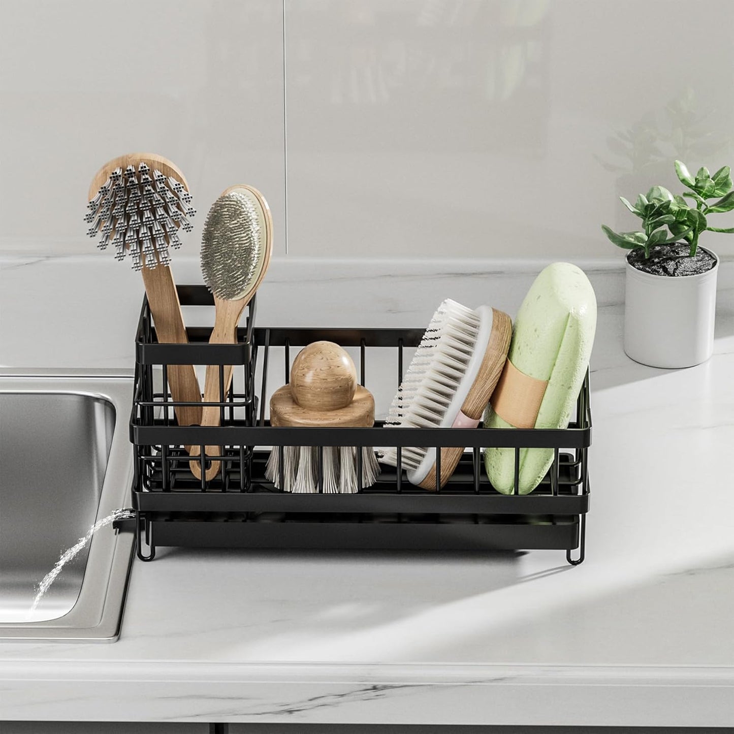 Large Sponge Holder for Sink, Stainless Steel Sink Caddy Organizer with Rotatable Spout - Kitchen Sink Organizer for Sponges, Brushes, Detergent & Sink Stopper - Space Saving Home Essentials