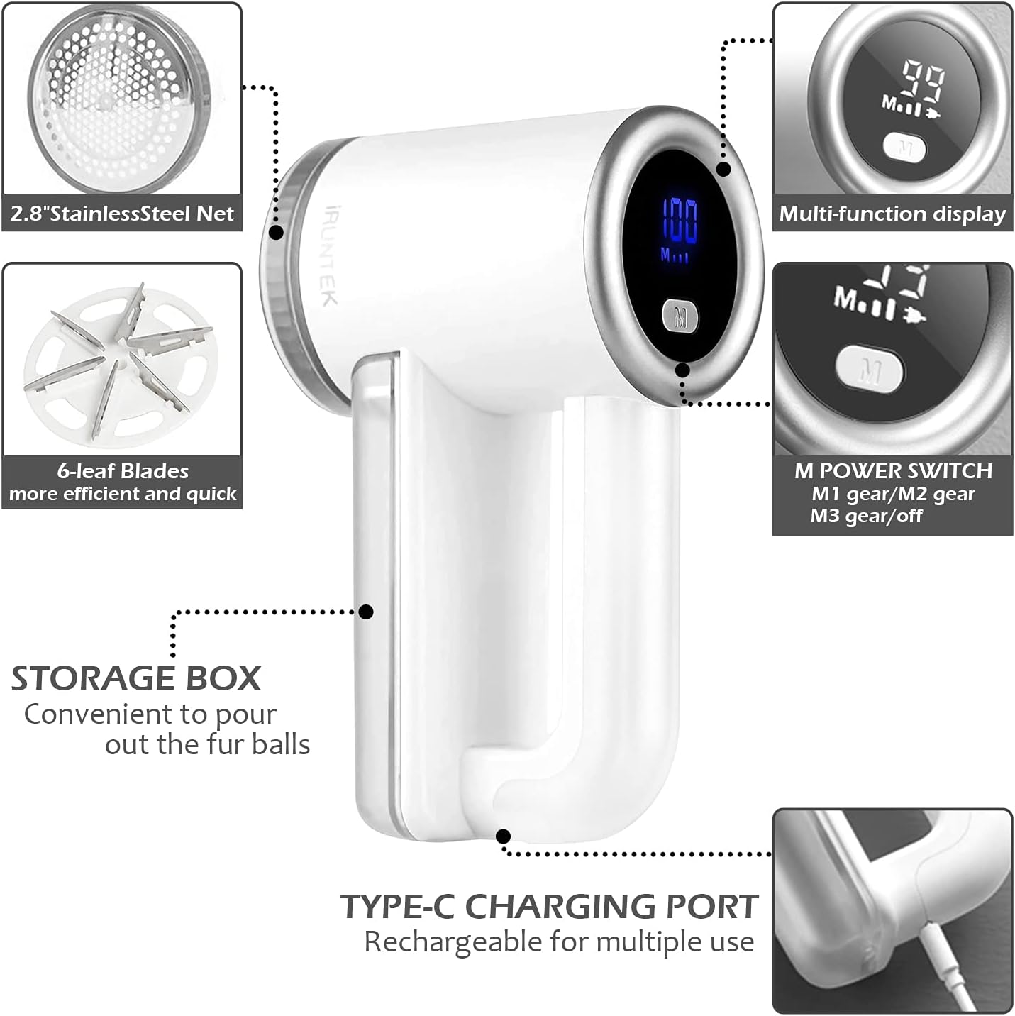 iRUNTEK Rechargeable Fabric Shaver, Electric Commercial Lint Remover with LED Display & Big Trash Box, 3-Speeds for Removing Fuzz and Pill from Clothes, Furniture, Sweater, Couch and Blanket, Silver