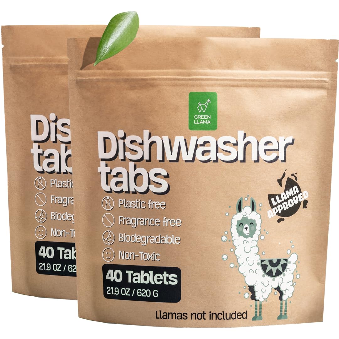 Green Llama Dishwasher Tablets (80 Count, 2 Packs): Fragrance-Free, PVA-Free, Compostable Packaging, Leaping Bunny Certified, Powerful Cleaning, Eco-Friendly & Cruelty-Free, Women-Owned Business