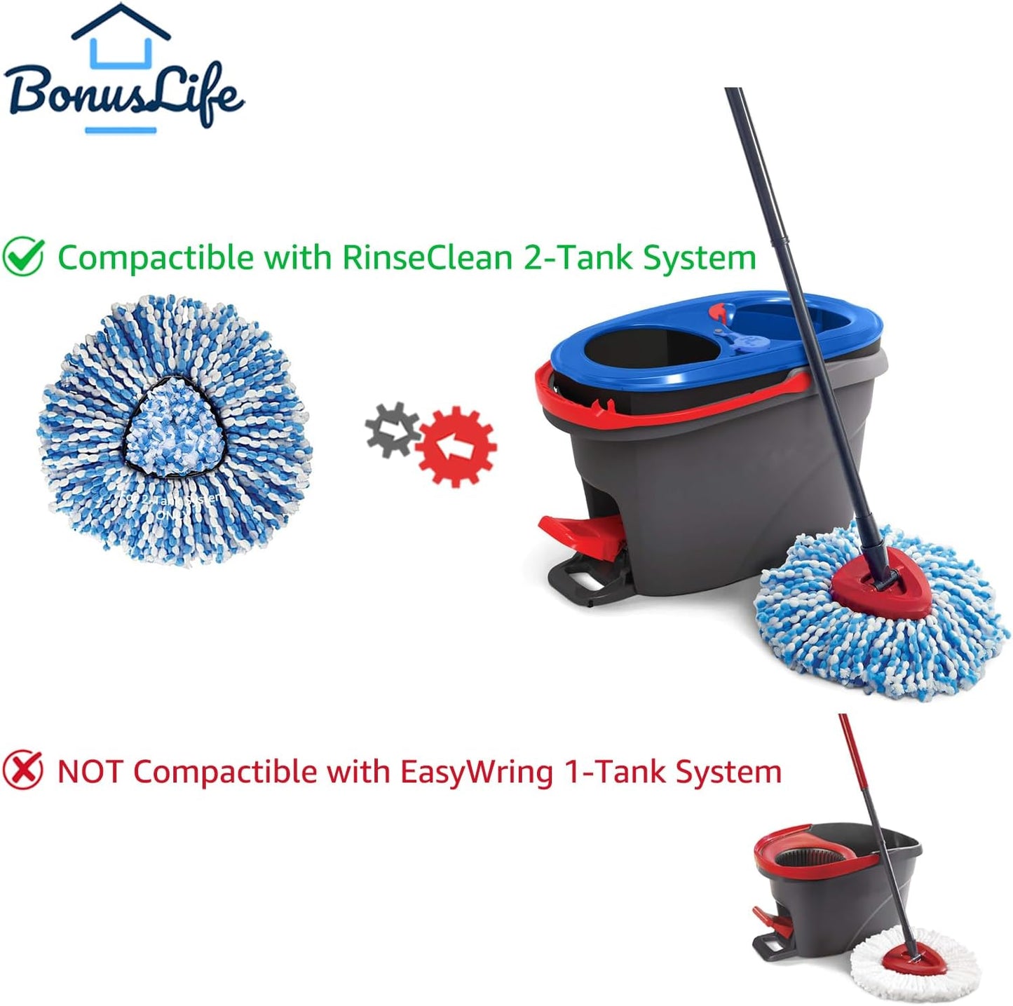 BonusLife 3-Pack Mop Head for O-Ceda RinseClean Spin Mop Refill 2-Tank System Only Easy Cleaning Microfiber Replacement