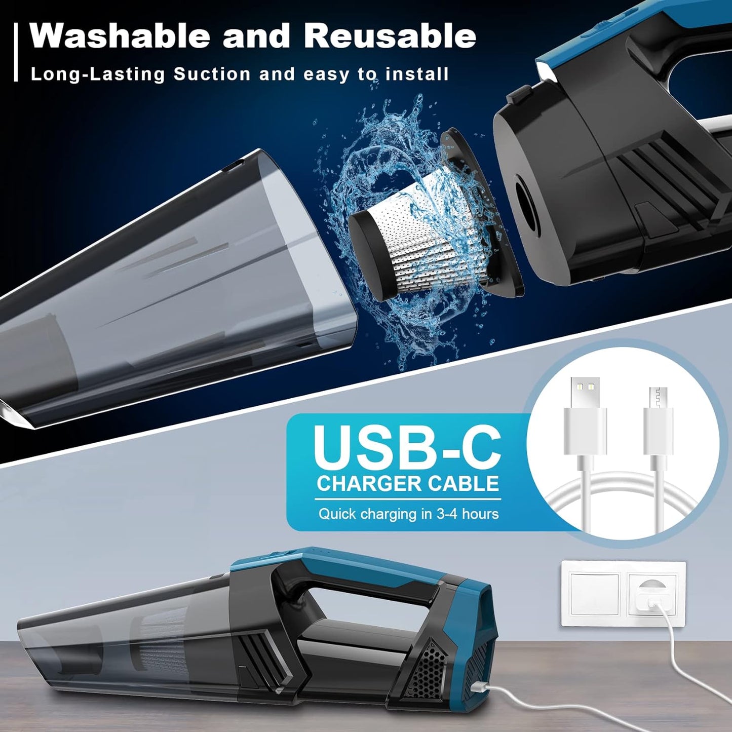 Cordless Car Vacuum Lightweight High Power Handheld Vacuum Cleaner with LED Light, Hand Vacuum for Car Home Office and Pet Hair, BlackBlue