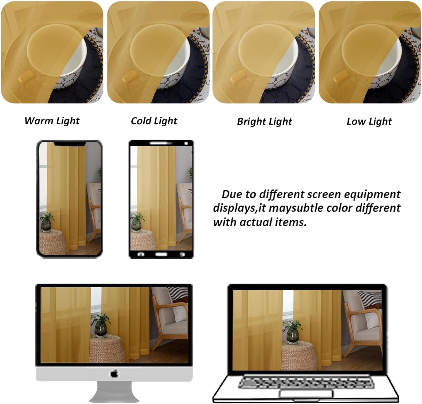 Chyhomenyc Gold Sheer Curtains 78 Inches Long 2 Panels Set for Living Room, Light Filtering Voile Lightweight Bedroom Curtains, Rod Pocket Solid Window Treatment Drapes, Each 42W x 78L