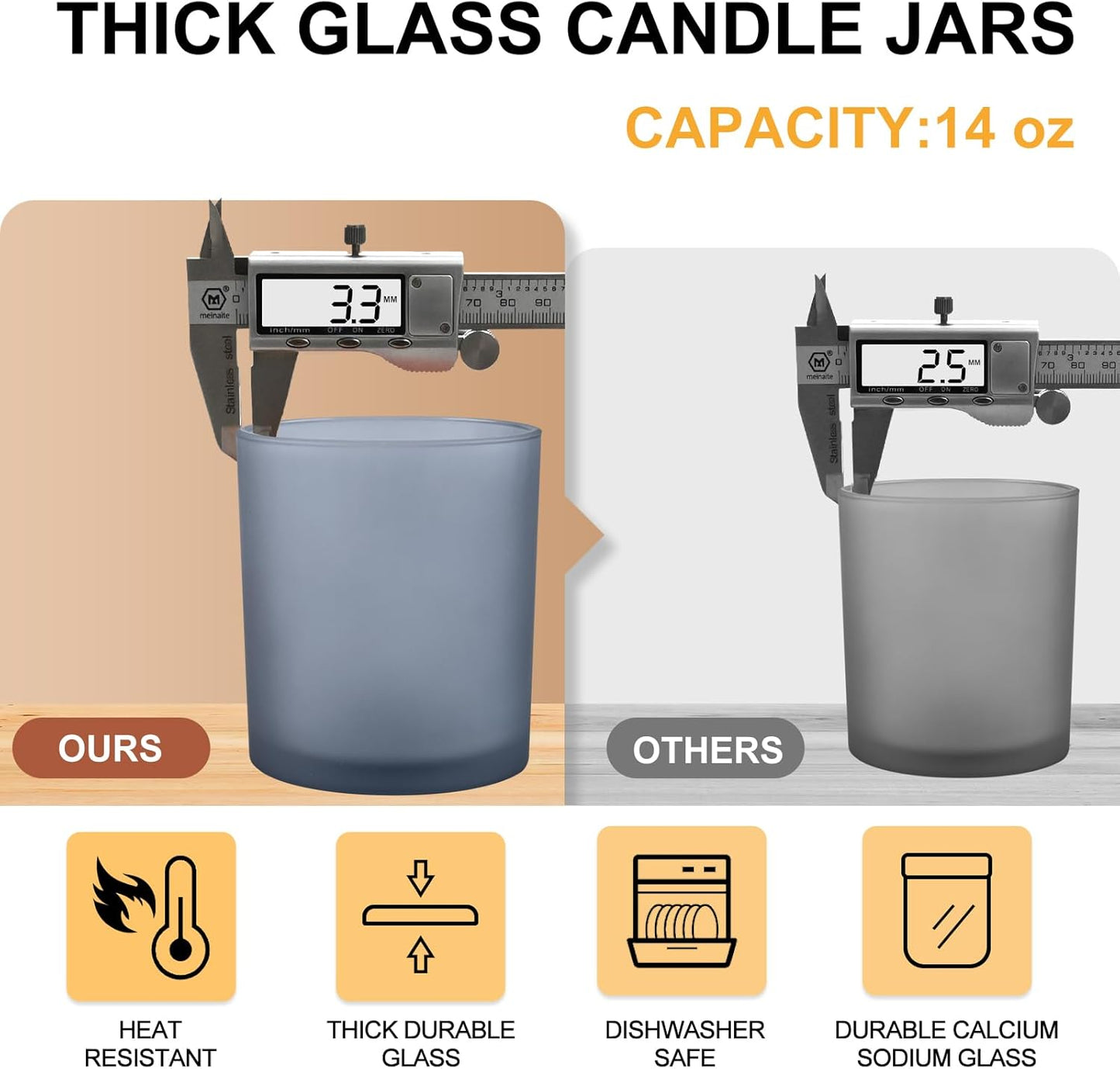 14 OZ Thick Candle Jars for Making Candles 12 Pcs, 3 Wick Empty Jars with Wood Lids for Candle Making, Sample Container, Frosted Grey