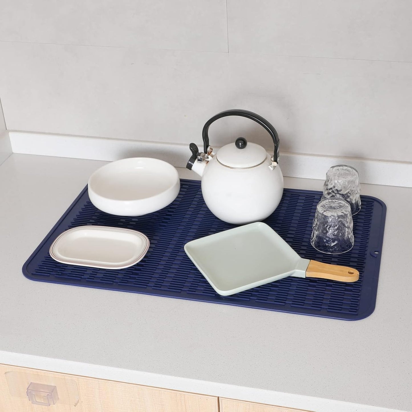 Silicone Dish Drying Mat for Multiple Usage,Easy clean,Eco-friendly,Heat-resistant Silicone Mat for Kitchen Counter or Sink,Refrigerator or Drawer Liner Navy Blue 3XL 28 inches x 18 inches