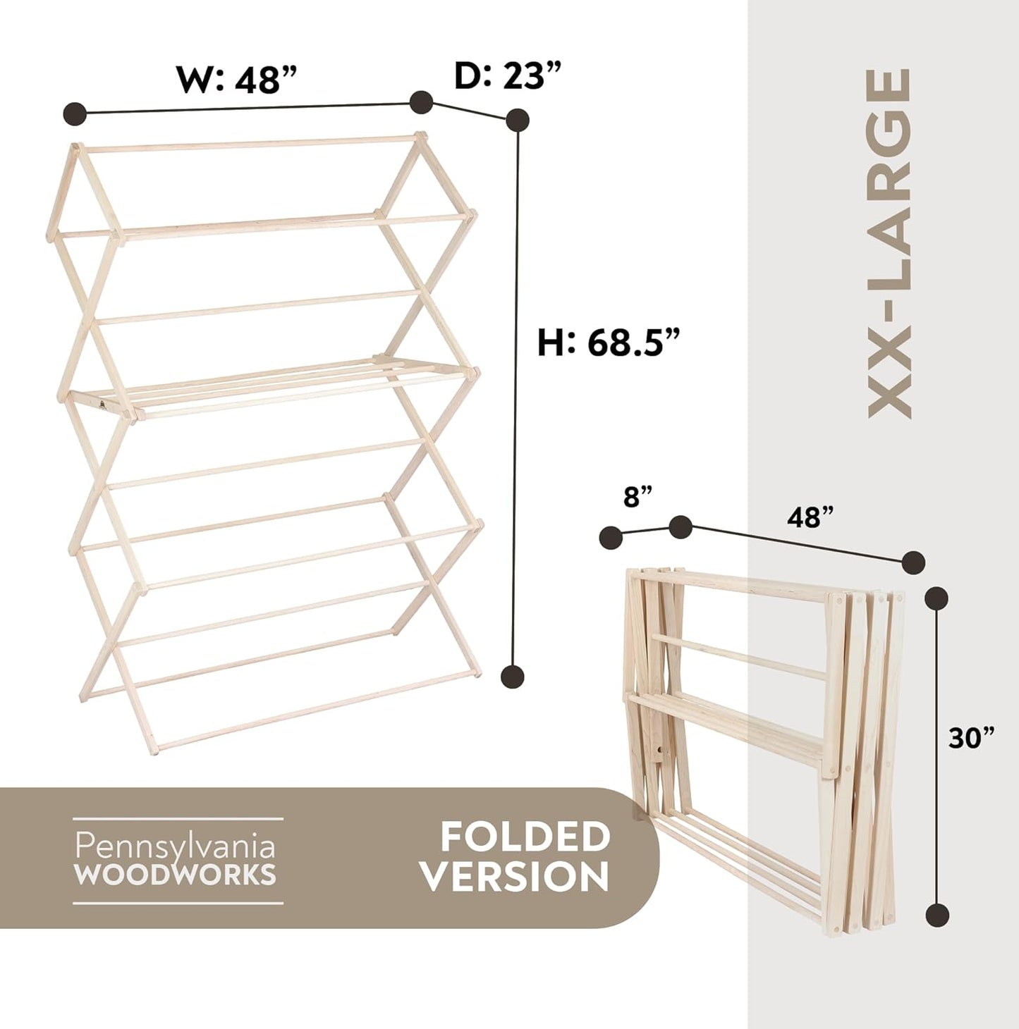 Pennsylvania Woodworks Clothes Drying Rack: Solid Maple Hard Wood Laundry Rack for Blankets, Towels, Bedding & More, Heavy Duty Folding Drying Rack, Made in USA, No Assembly Needed, XXLarge