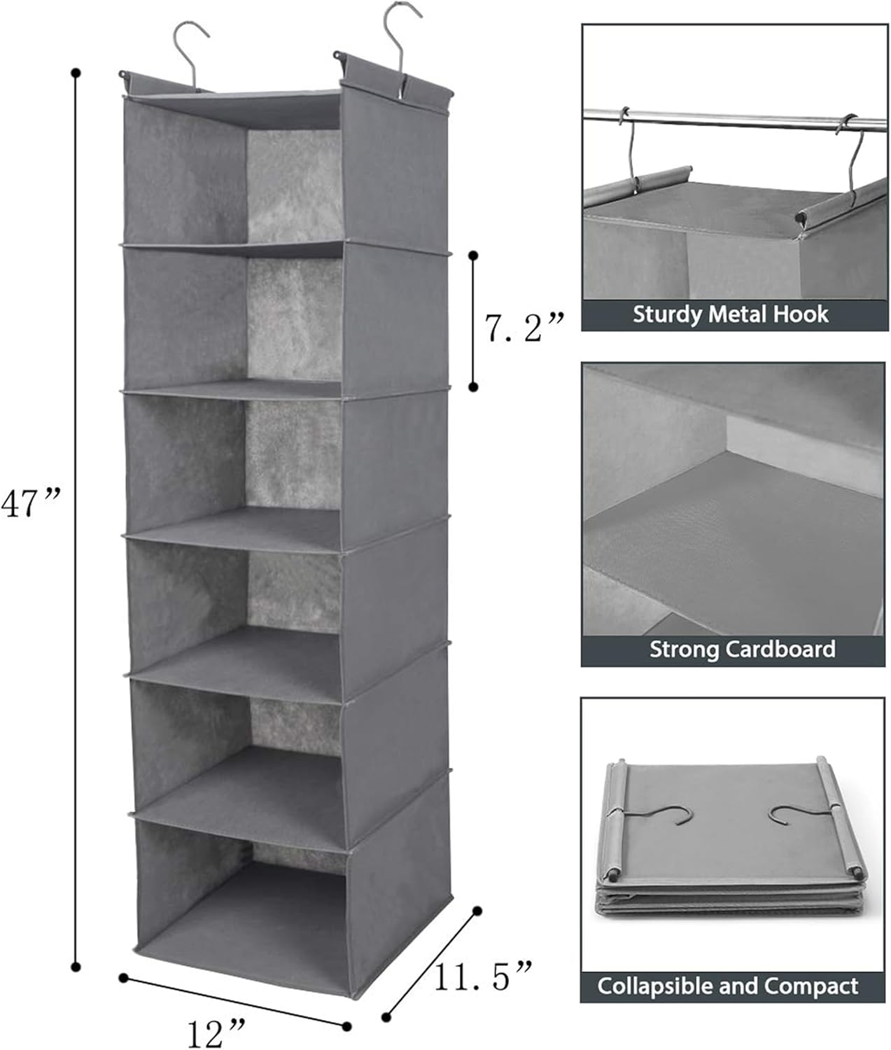 MAX Houser 6 Tier Shelf Hanging Closet Organizer, Closet Hanging Shelf with 2 Sturdy Hooks for Storage, Foldable (Grey)
