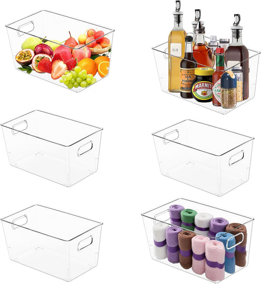 MOONEDGE 6-Pack Clear Plastic Storage Bins — Open-Top PET Storage Containers & Organizers, 11" x 8" x 6" Storage Bins for Closet, Pantry, Office, Craft, Toy and Bathroom Organization
