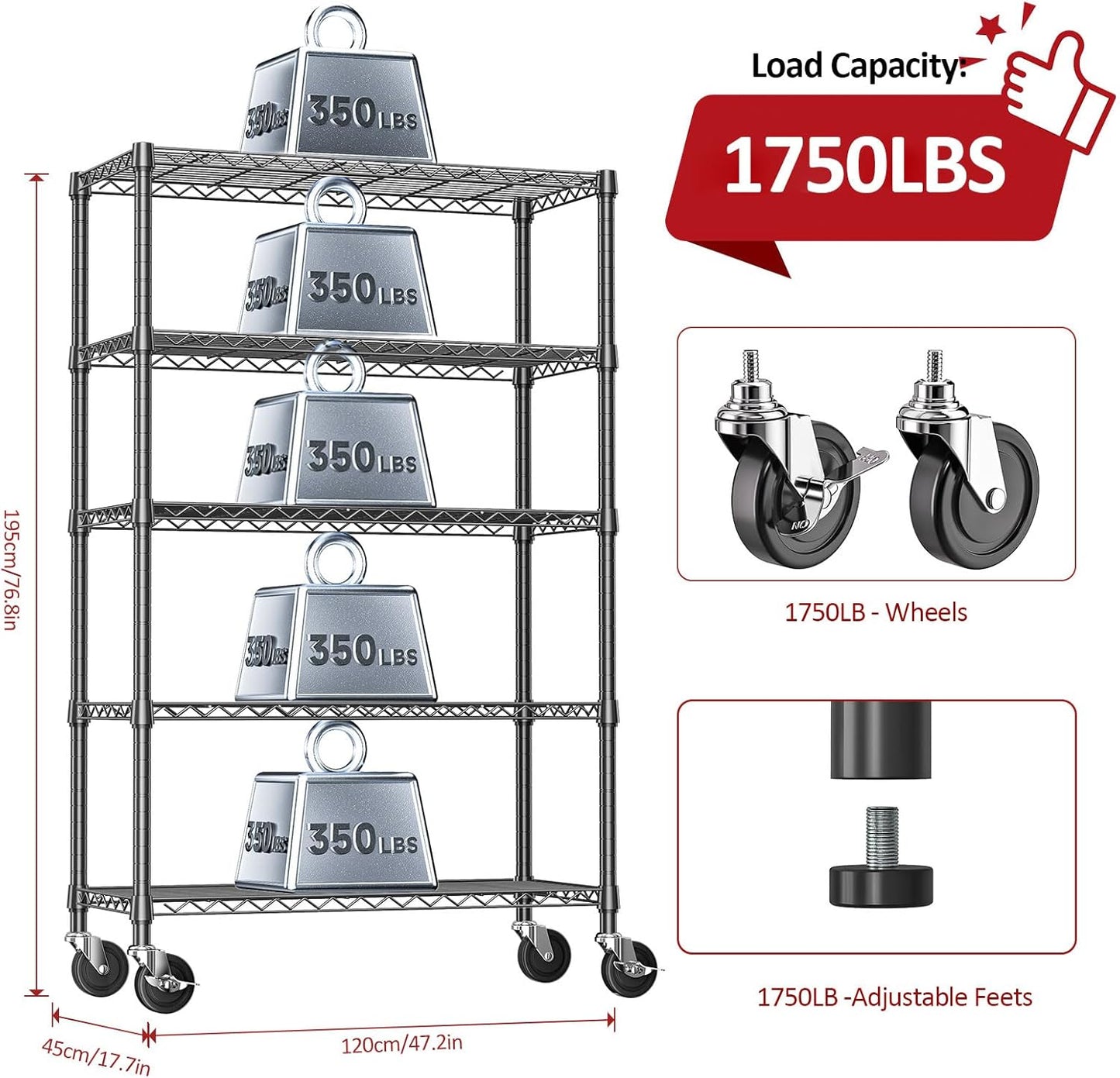 IZEUK 5-Tier Storage Shelving Unit with Wheels, Adjustable Heavy Duty Steel Wire Rack Organizer (Black, 17.7" D x 47.2" W x 76.7" H, 1750 lbs Capacity) for Garage, Kitchen, Office, Laundry, Basement