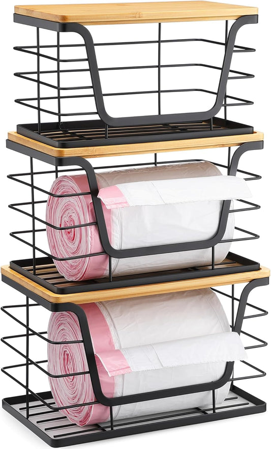 ALOCEO 3 Pack Stackable Storage Bins with Lids, Stainless Steel Trash Bag Dispenser Roll Holder for for Kitchen Sink, Laundry, Pantry Organizer and Storage