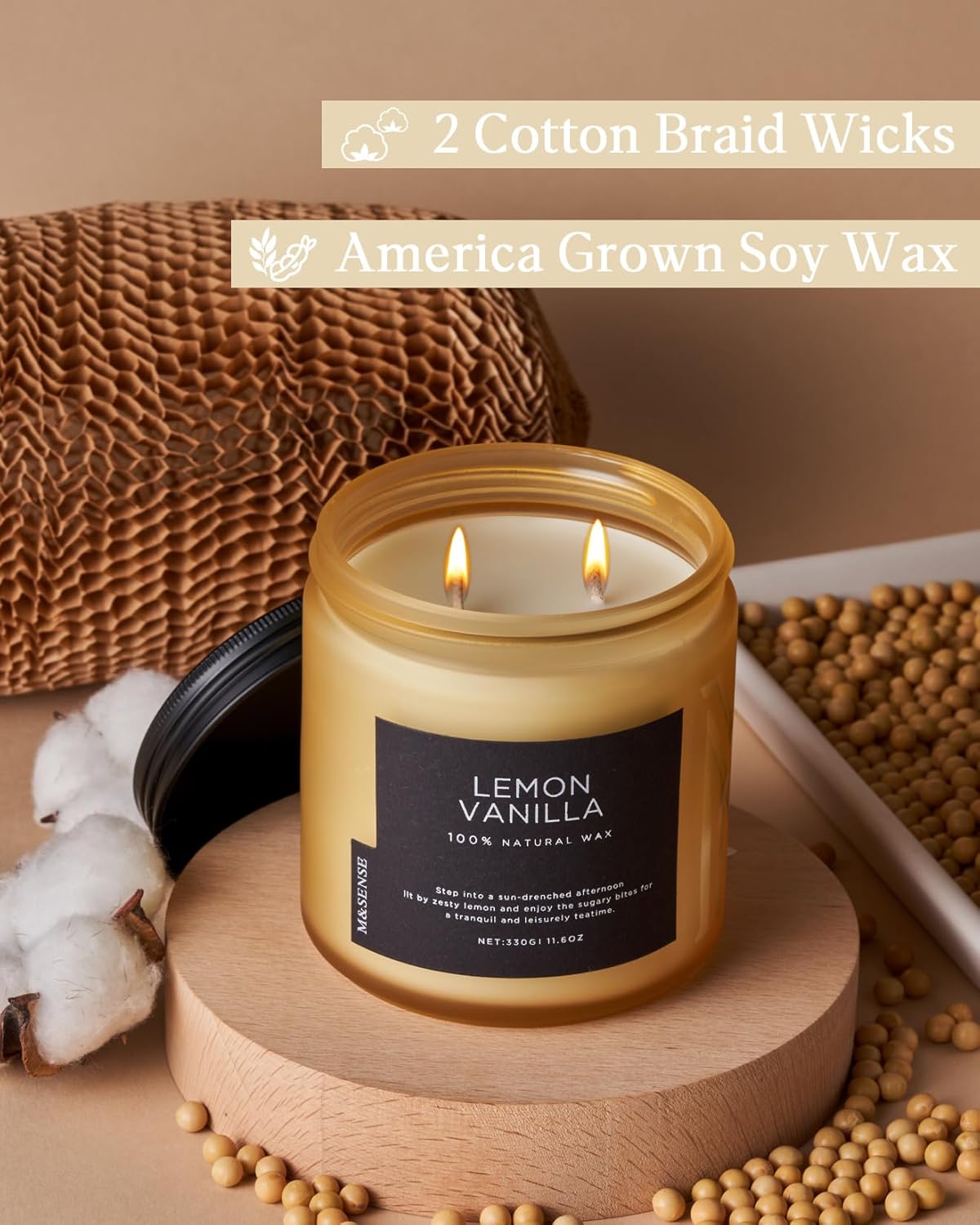 M&SENSE Candles Lemon Vanilla Scented, 11.6oz 70 Hour Long Lasting Candles for Home, 2 Wick Natural Soy Wax in Glass Jar, Stress Relief Gifts for Women and Men