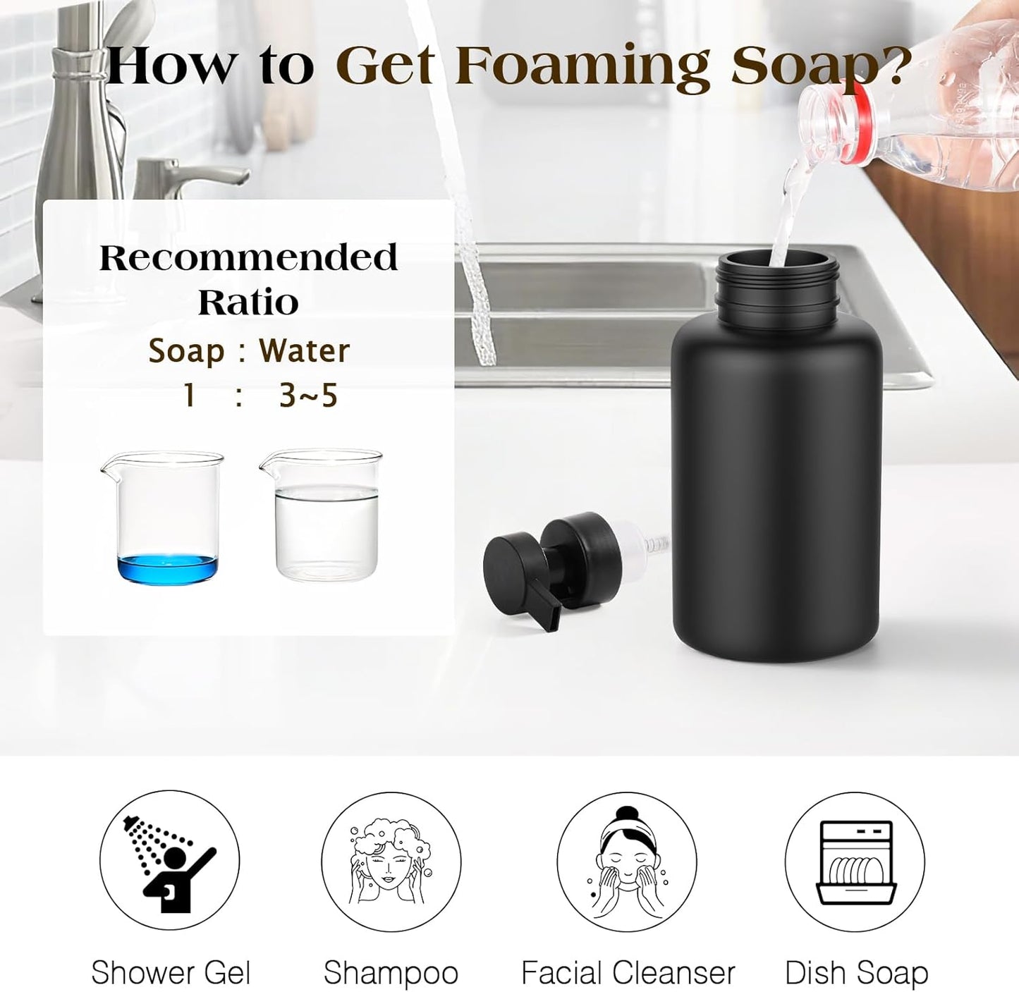Luxspire Foaming Soap Dispenser, Glass Foam Pump Soap Dispenser, Non-Slip Silicone Sleeve & 5 Waterproof Labels, 15 Oz Refillable Liquid Bottle for Bathroom & Kitchen, Black+White, 2 Pack