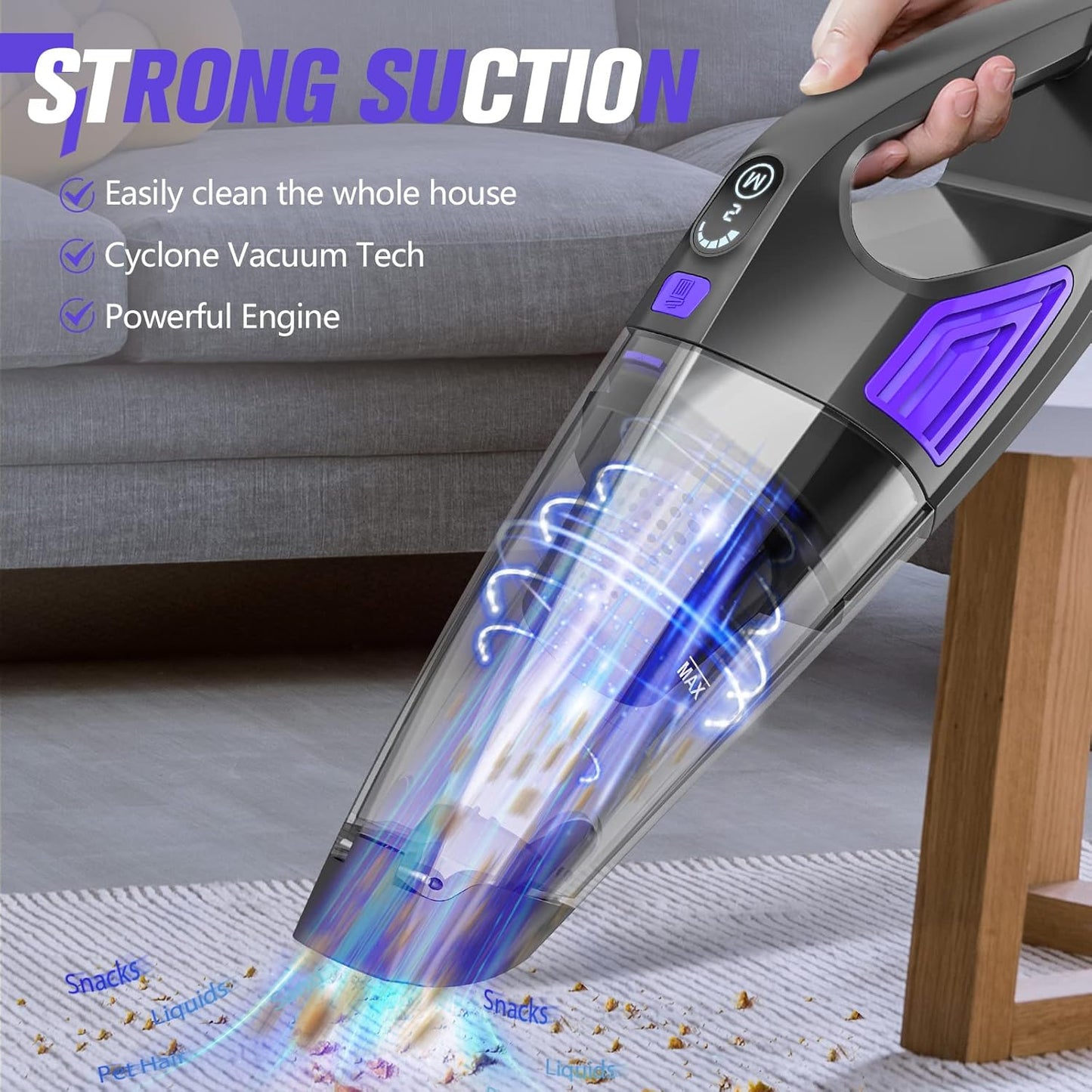 Handheld Vacuum Cordless Cleaner,Powerful Portable and Dust Buster Hand Vcauum Rechargeable with Large-Capacity Battery for CarPetOfficeHome (Dark Purple)