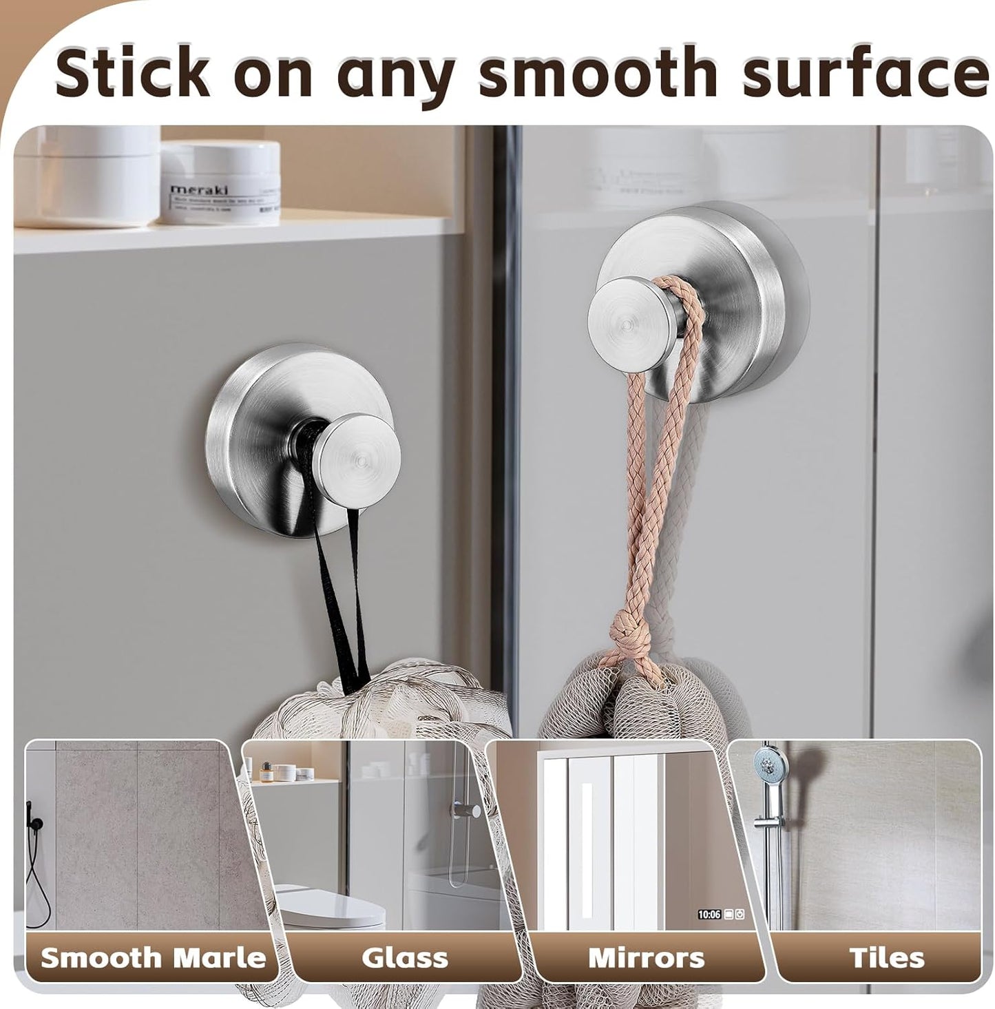 Reusable Heavy Duty Suction Cup Hooks for Kitchen/Bathroom/Shower - Wet-Proof Hooks for Towels, Robes, Loofah&Wreaths/No Drill Mounting on Glass, Tile, Metal (2, Brushed Nickel)