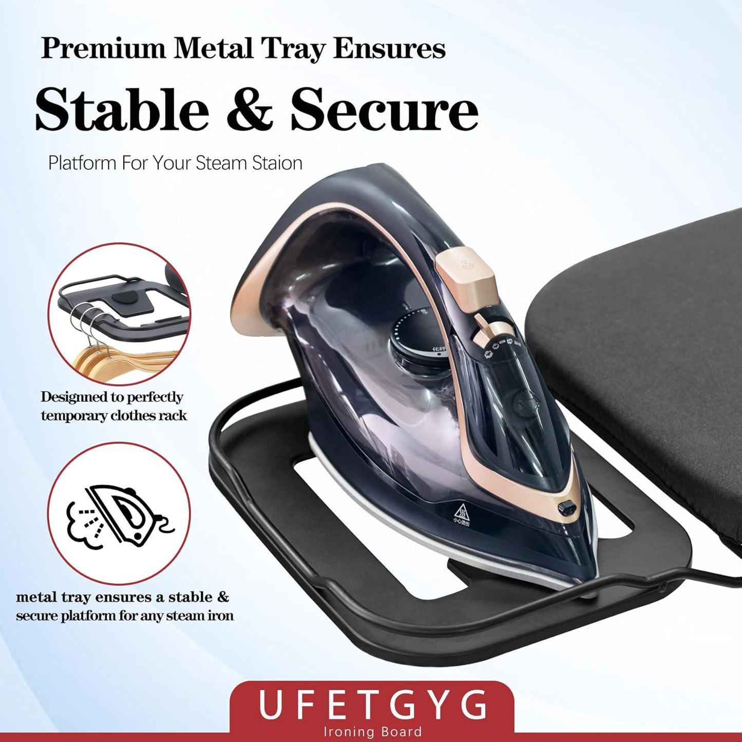 Ironing Board, Metal Panel Iron Board |43" X 13" W/with Iron Rest | Full Metal Construction| Height Adjustable | Heat & Scorch Resistant Fabric | Anti-Skid Feet | Heavy Duty| Easy to Fold