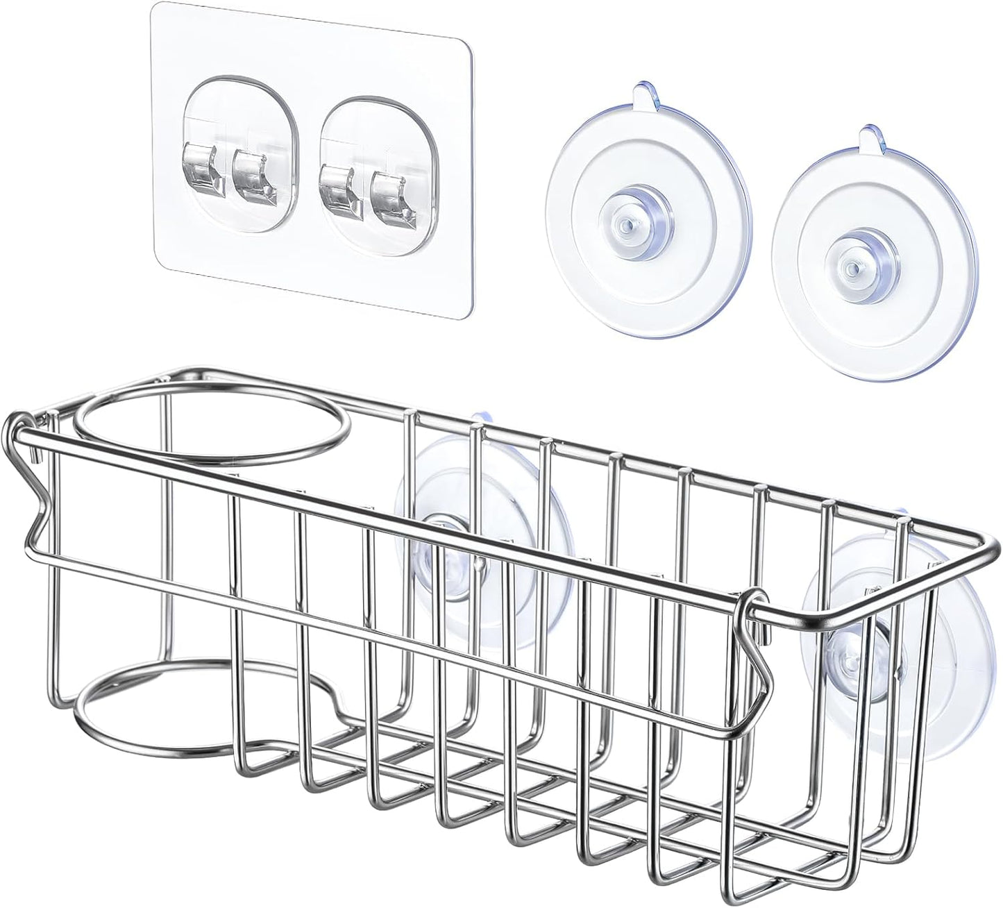 3-In-1 Sponge Holder for Kitchen Sink with Suction Cups & Adhesive Hook, In-sink Sponge Holder, Wall Hanging Sink Caddy Organizer Rack - Sponge, Dish Cloth, Brush, Scrubber - 304 Stainless Steel