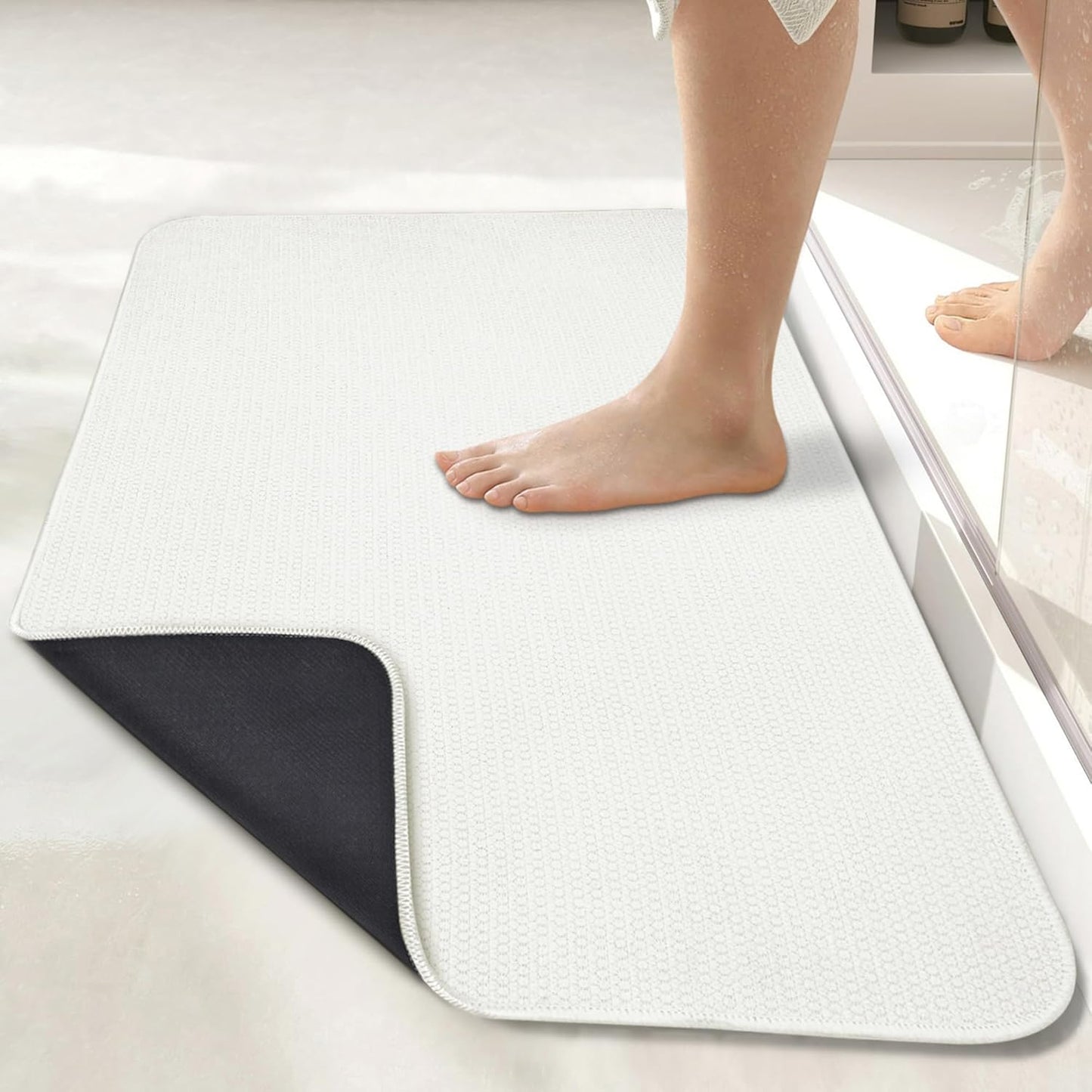 Bath Mat,Ultra Thin Bathroom Rugs,Rubber Bath Mats for Bathroom,No Slip Bath Rugs,Quick Dry,Machine Washable,Low Pile,Absorbent,Shower Outside,Sink,Home Decor Accessories.White,1'5"x2'3"(17x27inch)