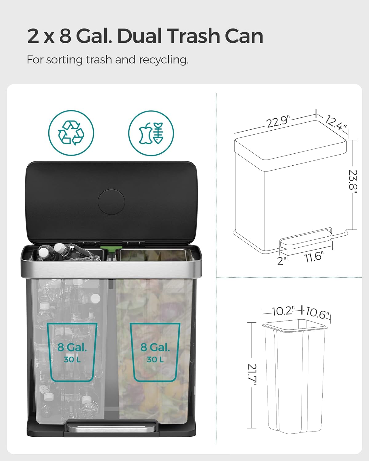 SONGMICS Kitchen Trash Can, 16 Gallon (2 x 8 Gallon) Dual Compartment Garbage Can, 60L Pedal Recycling Bin, Stays Open and Soft Close, Stainless Steel, 15 Bags Included, Ink Black ULTB202B01
