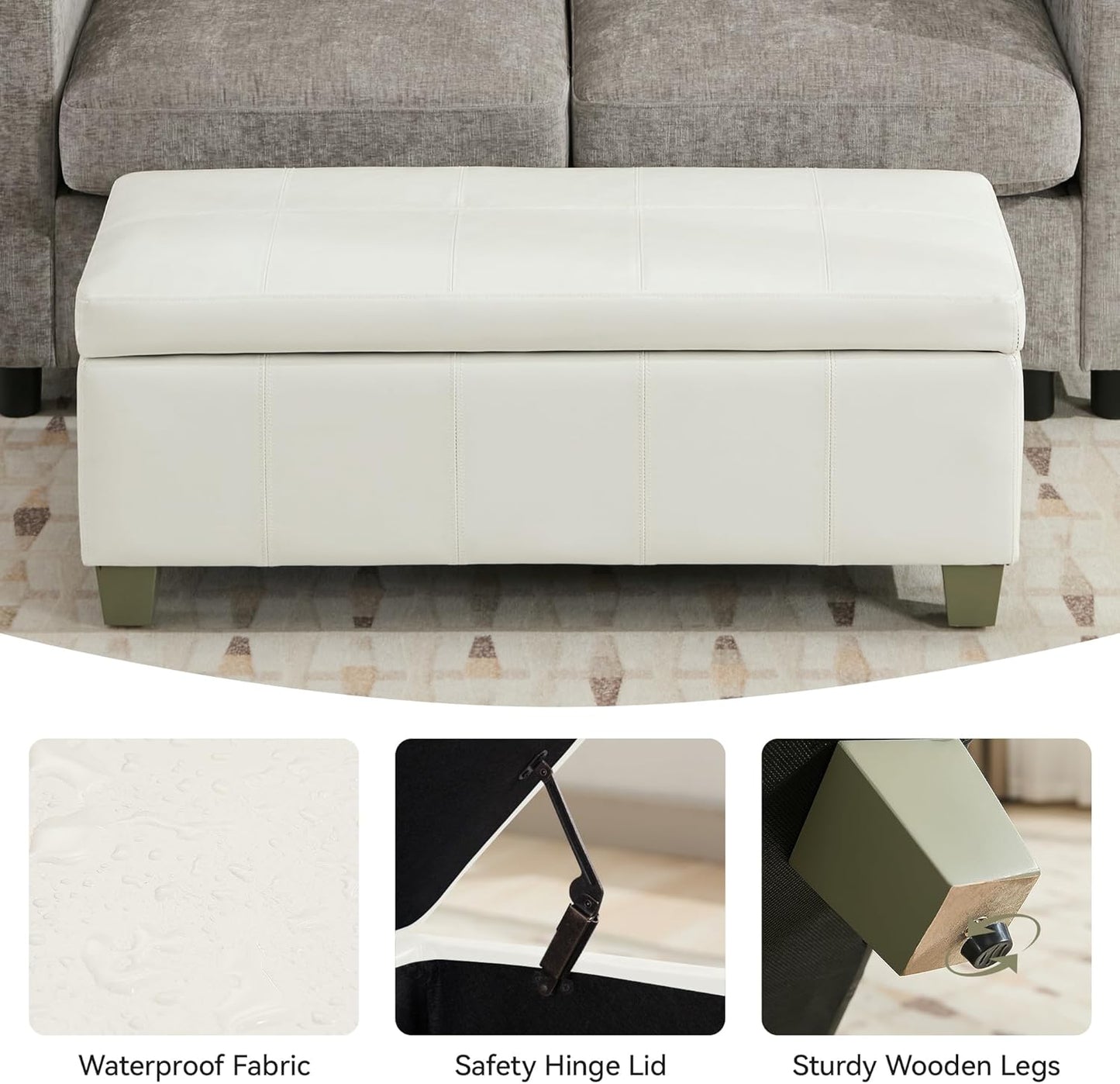 41" Faux Leather Storage Ottoman, Stitch Tufted Rectangle Upholstered End of Bed Storage Bench, Entryway Large Couch Ottoman with Wooden Legs,White