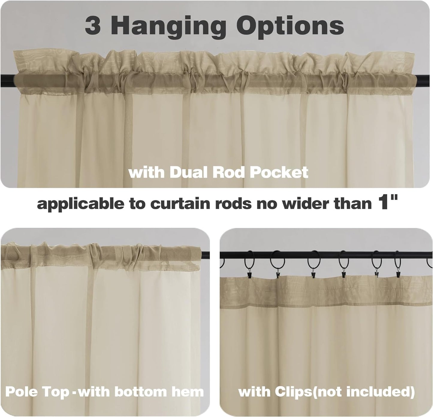 Chyhomenyc Taupe Sheer Curtains 72 Inch Length 2 Panels, Light Filtering Soft Airy Rod Pocket Voile Window Curtain Drapes for French Door Bedroom Living Room, Each 42Wx72L Inches