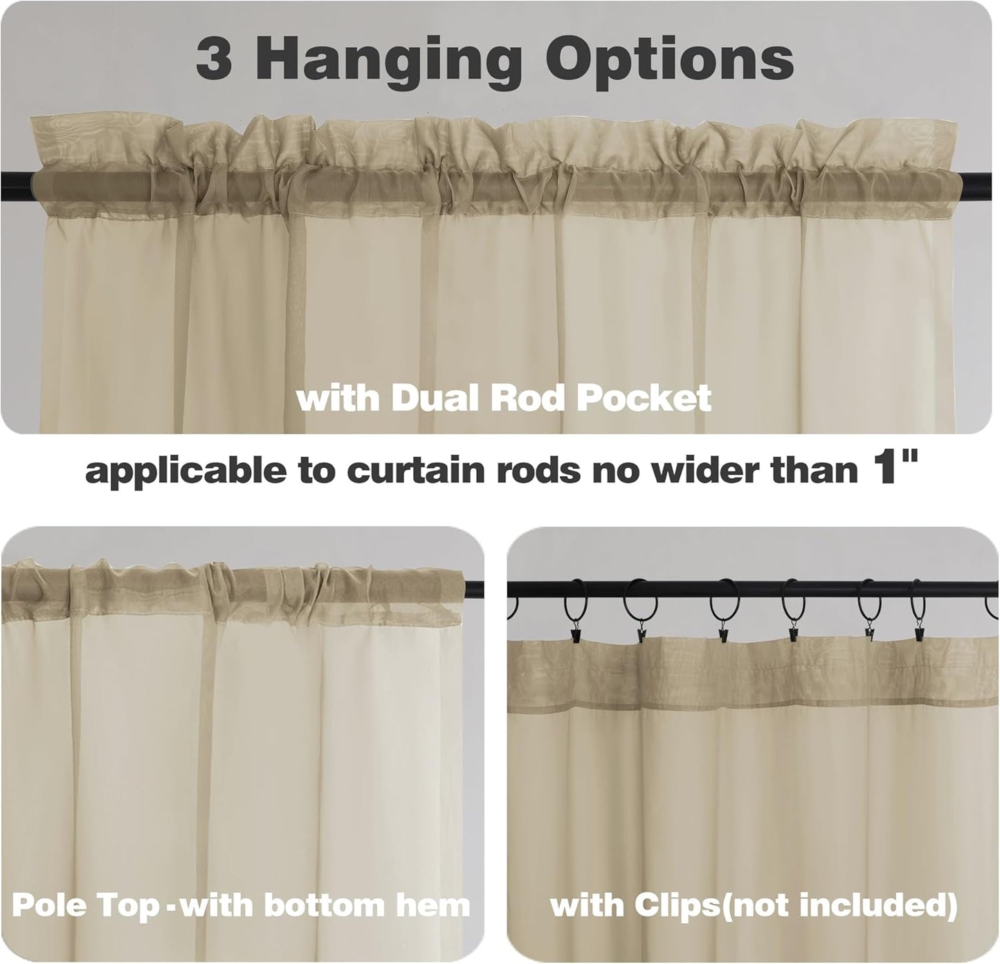 Chyhomenyc Taupe Sheer Curtains 54 Inch Long 2 Panels, Light Filtering Rod Pocket Voile Short Curtains Drapes for Living Room Bedroom Small Windows, 42Wx45L Inches