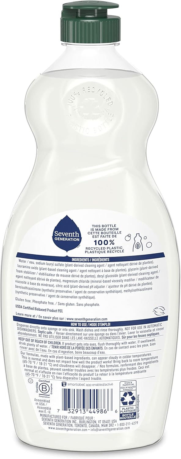 Seventh Generation Dish Soap Liquid, Fragrance Free, 19 oz. (Pack of 6, 36 Count Total)