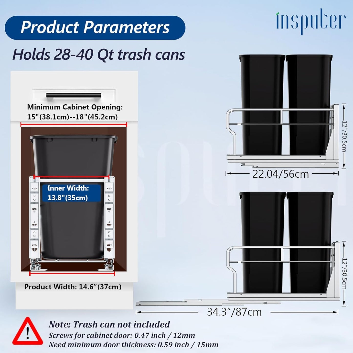 Insputer Dual Pull Out Trash Can Under Cabinet with Soft-Close Slides, Heavy Duty Under Sink Trash Can Kit for Kitchen Sink, Laundry, Garbage Can Not Included, Requires 17" W X 24" D Cabinets