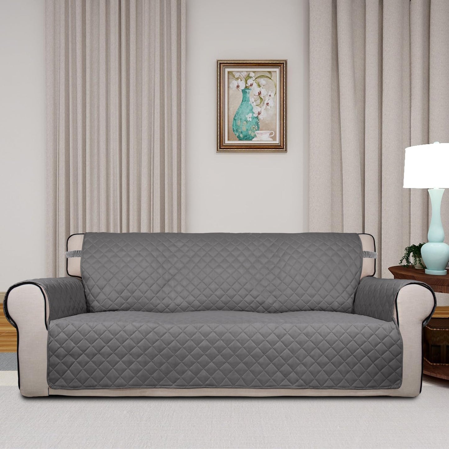 PureFit Reversible Quilted Sofa Cover, Water Resistant Slipcover Furniture Protector, Washable Couch Cover with Non Slip and Elastic Straps for Kids, Dogs, Pets (Sofa, Gray/Ivory)