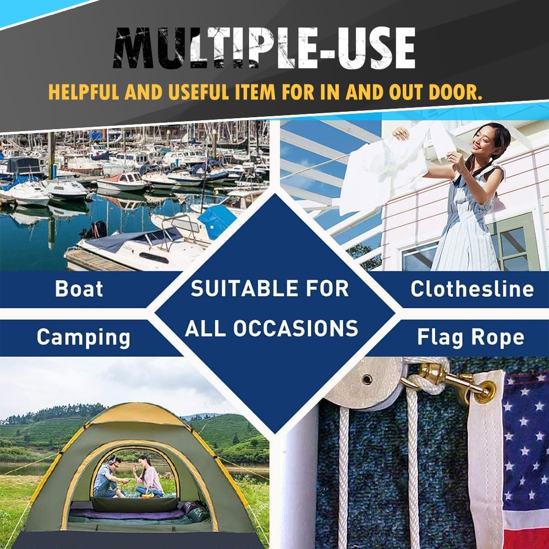 PerkHomy Cotton Rope 3/16" (5mm) 100 ft Multi Purpose Utility Diamond Braided Cord, Natural Cotton for Clothes Line Camping Crafting Flag Pole, Navy Blue