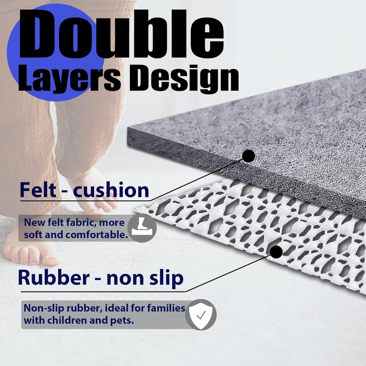 Non Slip Rug Pad Grippers - 2.5x9, 1/4" Thick, Felt + Rubber Double Layers Area Carpet Mat Tap, Provides Protection and Cushioning for Hardwood or Tile Floors