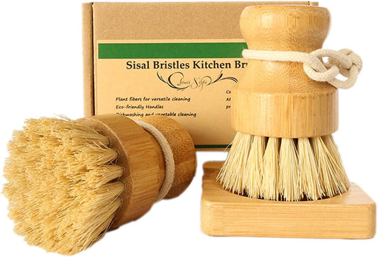 Bamboo Palm Dish Brush Set, Natural Bristle Dish Brush with Holder, Eco Friendly Soft Scrub Kitchen Brush for Dishes and Vegetables