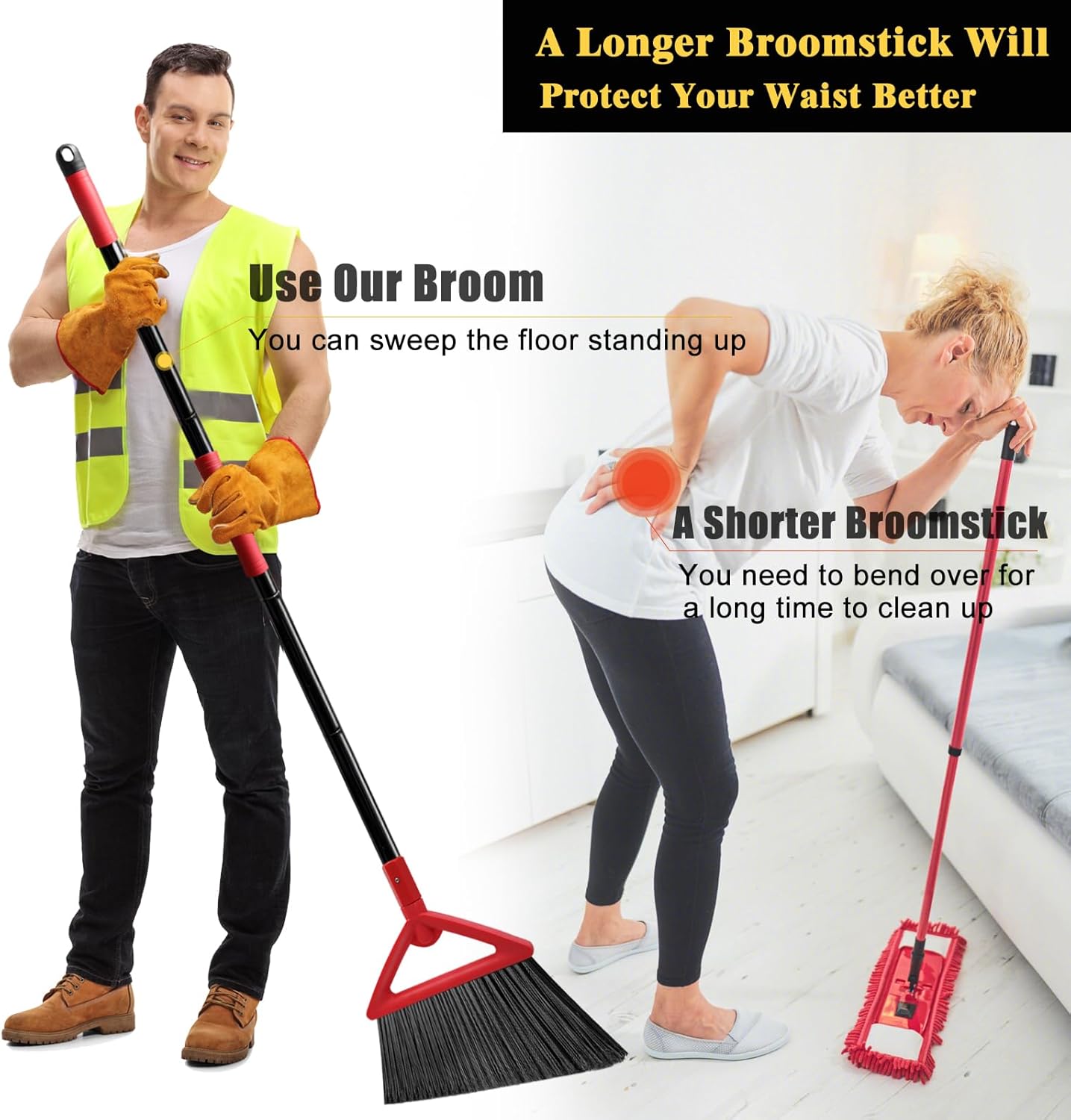 Heavy Duty Angle Broom, 3 Pack Longer Commercial Brooms, Swipe Brooms for Sweeping Indoor Outdoor, Perfect Red Broom of Kitchen, Garage, House, Restaurant