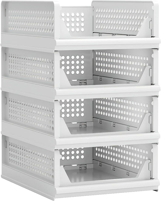 Proarea 4 Pack Stackable Plastic Storage Basket Closet Organizer Bin Foldable Clothes Organizer Storage Drawer Shelf Container for Living Room Bathroom Kitchen Office (4S)