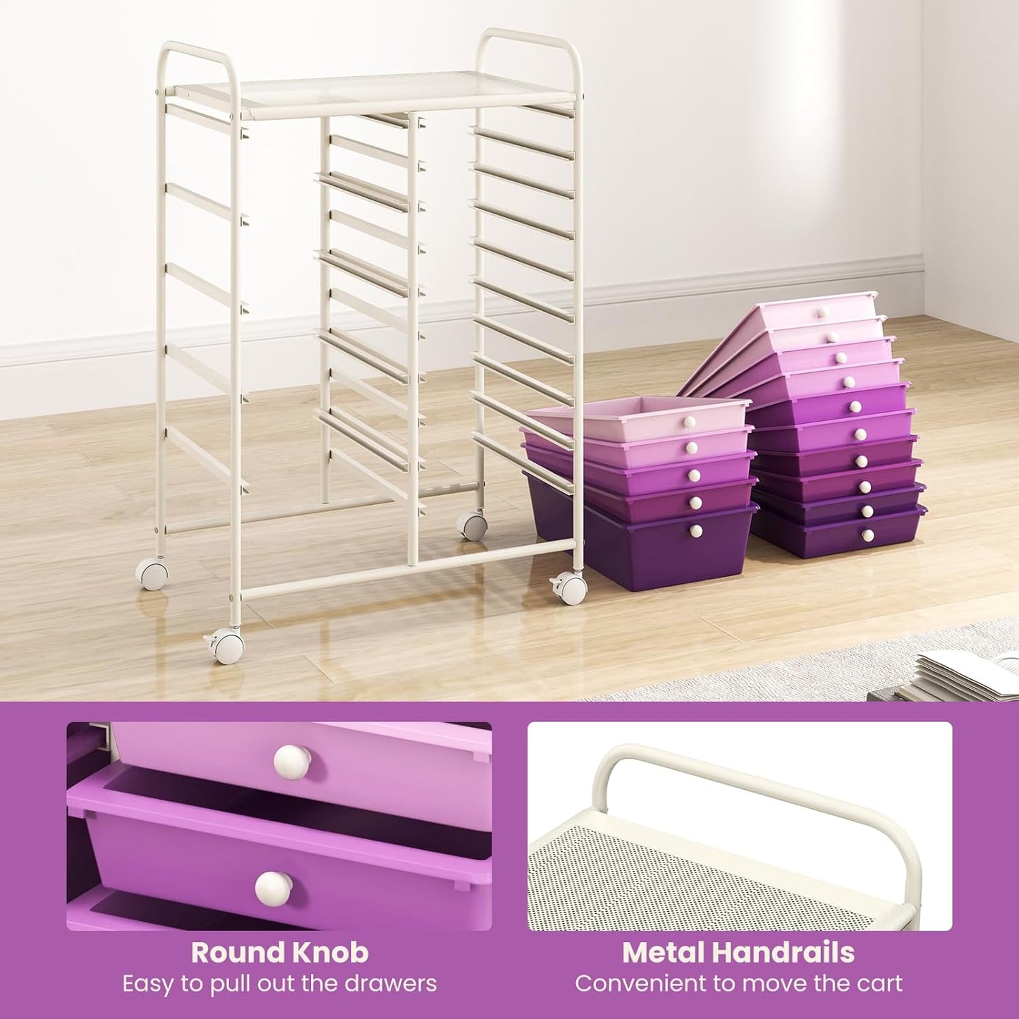 GOFLAME 15-Drawer Rolling Storage Cart, Multipurpose Movable Organizer Cart, Utility Cart for Home, Office, School, Purple Gradient