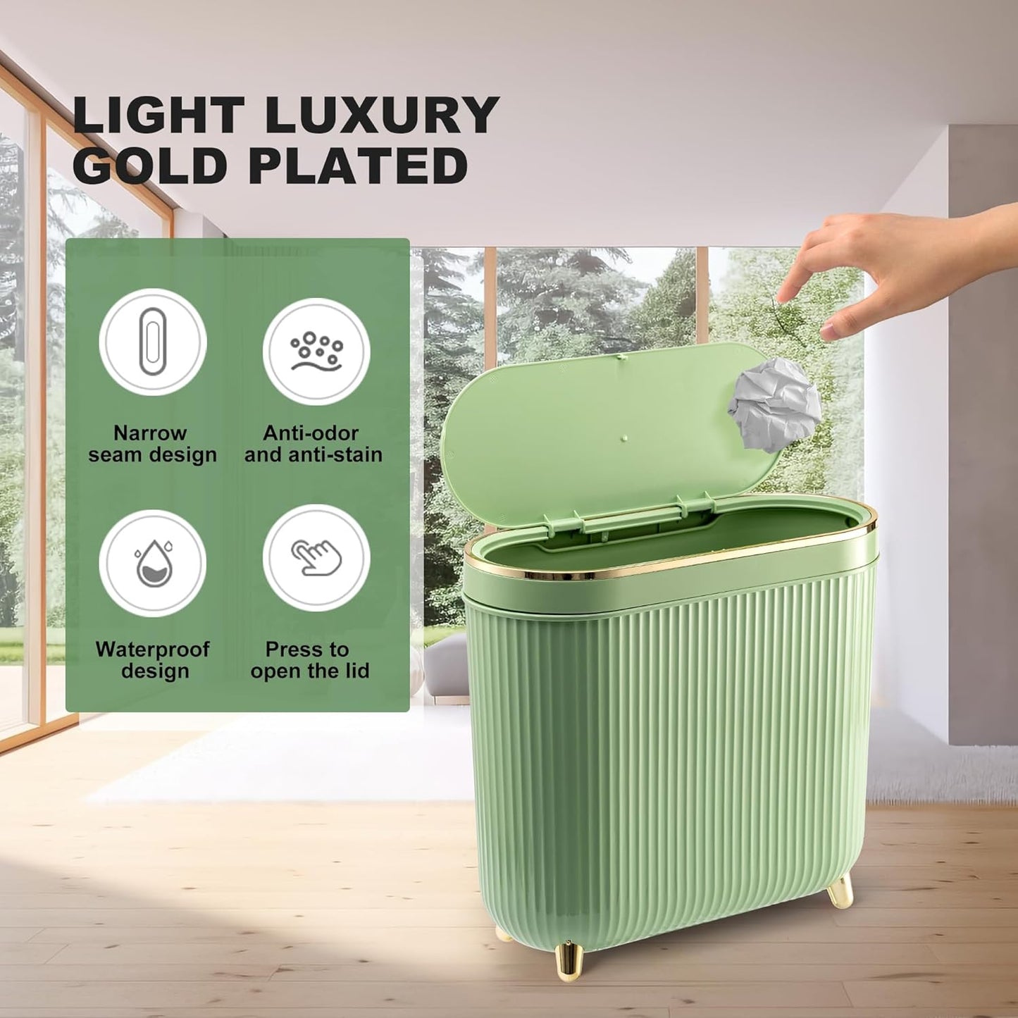 Bathroom Trash Can with Lid 3.2 Gallon Narrow Trash Can Small Plastic Trash Bin 12 Liter with Press Type Lid for Bedroom Bathroom, Mint Green