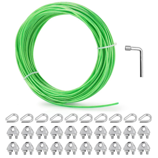 1/8" Wire Rope, 100 Ft PVC Coated Wire Cable Metal Steel Cable Trellis Kit, Multi-use Clothes Line for T Post/Climbing Grapevines Plants Outdoor/String Light Hanging Kit