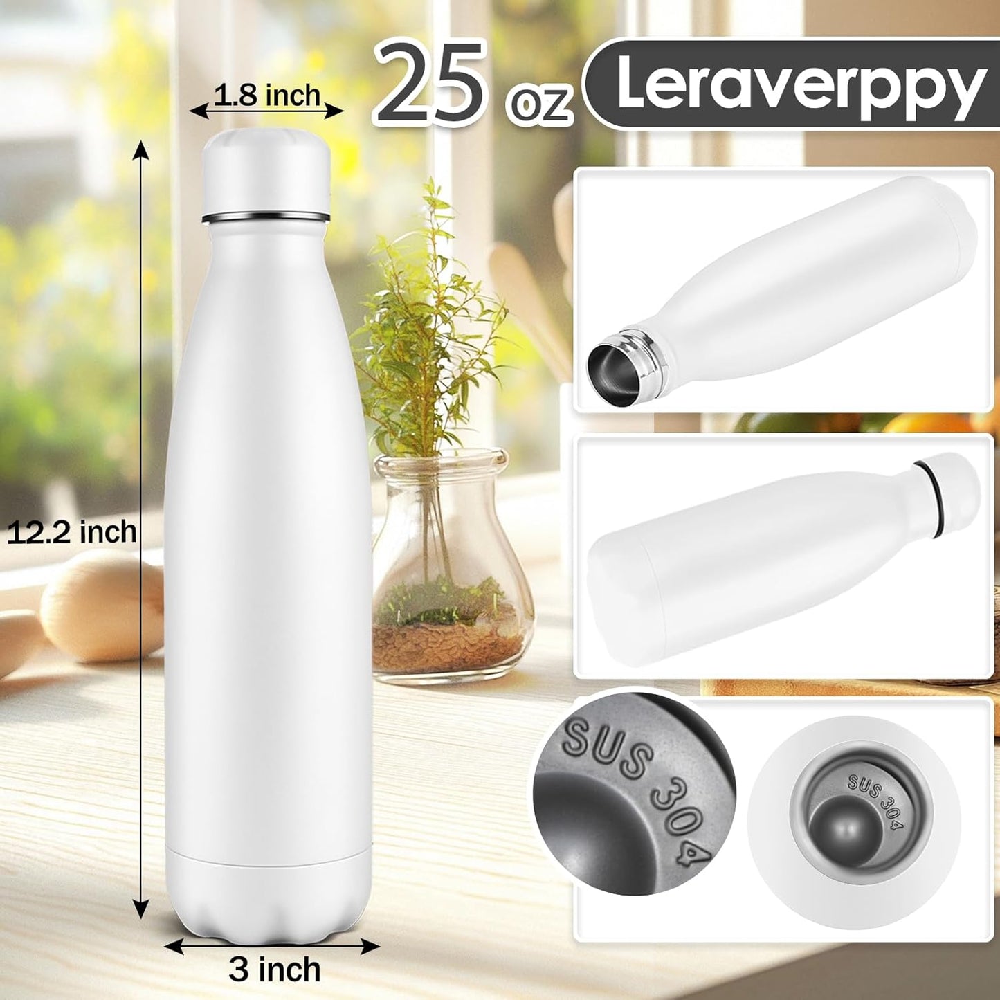 25oz Cola-Bottle Shaped Stainless Steel Leak-proof Water Bottle,Double Wall Vacuum Insulated Metal,Travel Mug For Sports Indoors & Outdoors,BPA-Free School Kids Flasks,White(4 Pack)