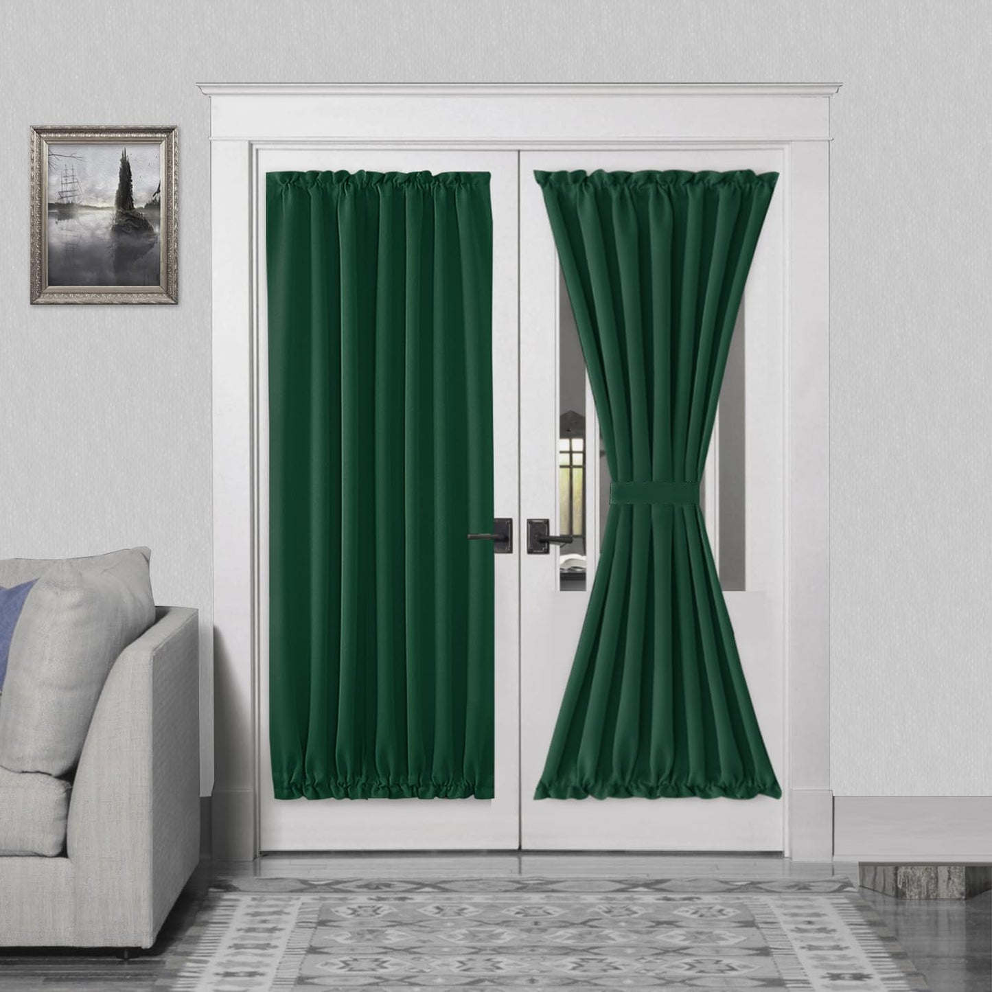 DWCN French Door Curtain - Rod Pocket Thermal Blackout Panel for Doors With Glass Window, Kitchen and Patio - Privacy, 54 X 72 Inches Long, 1 Panel With Tieback, Hunter Green