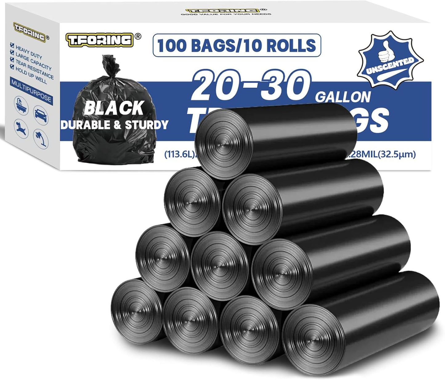 20-30 Gallon Trash Bags Black - 1.28 Mil Thick,30" x 35" Large Garbage Bags 100 Count，20+ Gallon Heavy Duty Trash Can Liners Unscented for Kitchen Home Office Commercial Outdoor