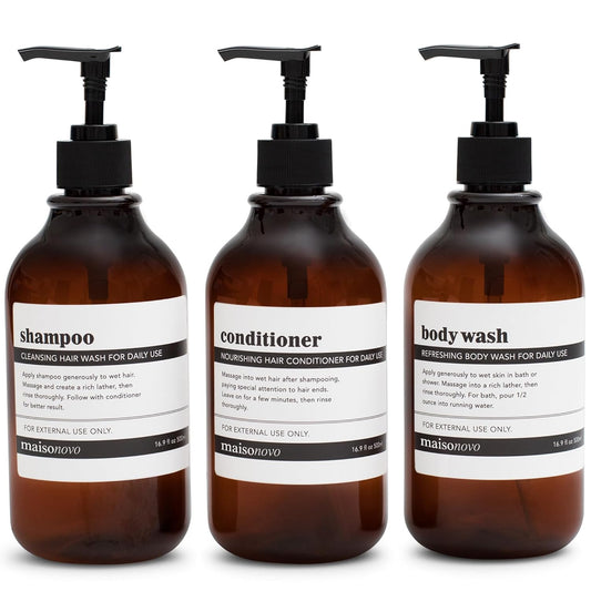 MaisoNovo Refillable Shampoo and Conditioner Bottles | 16.9 fl oz Set of 3 Amber Plastic Bottles Black Pumps
