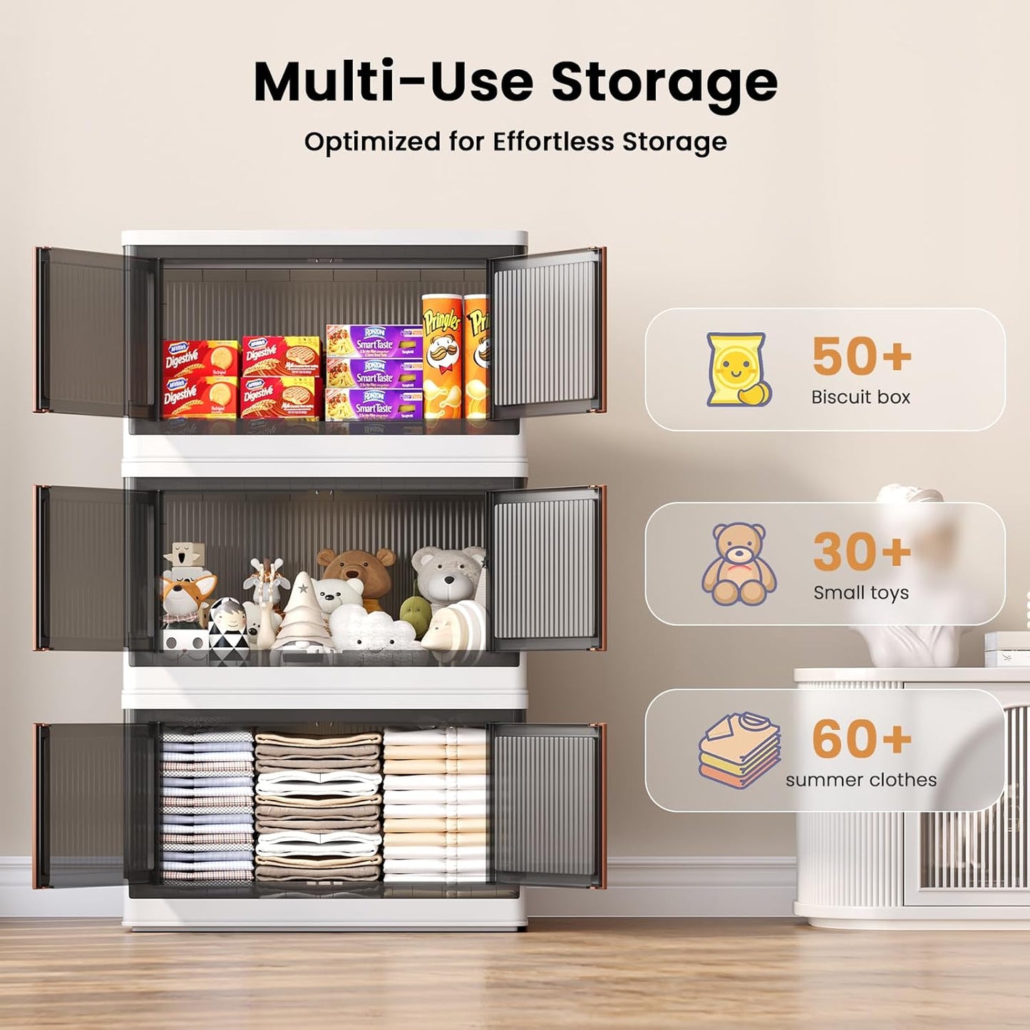 19Gal Collapsible Storage Bins with Lids & Wheels - 1 Pack Stackable with Doors, Heavy-Duty Plastic Containers for Home/Office, White
