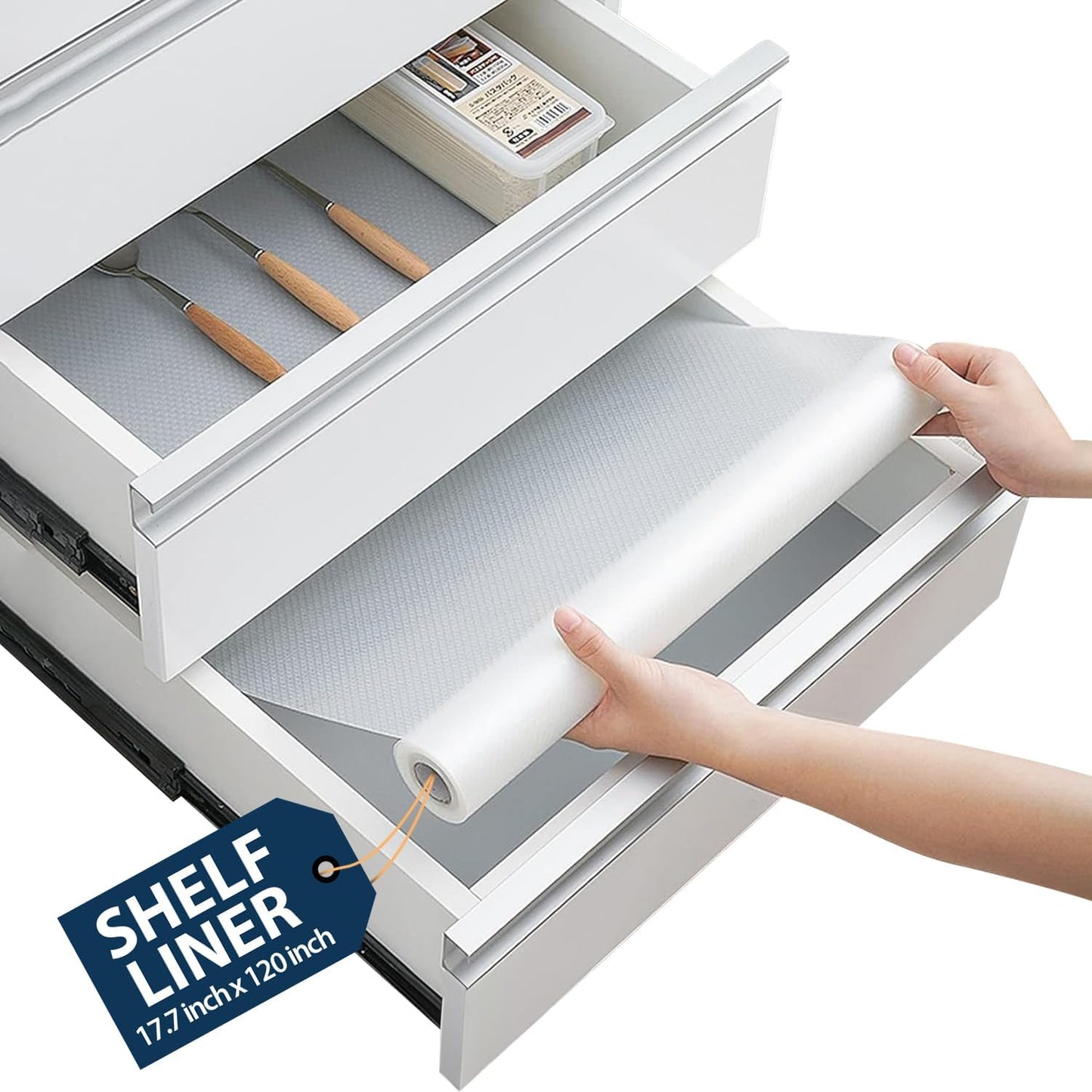 Shelf Liner Drawer Liner for Kitchen Cabinets Non-Adhesive by Linda’s Essentials (17.7 x 120 Inches) - Non-Slip Easy Clean Kitchen Cabinet and Cupboard Protector, Waterproof Mat, Clear Roll