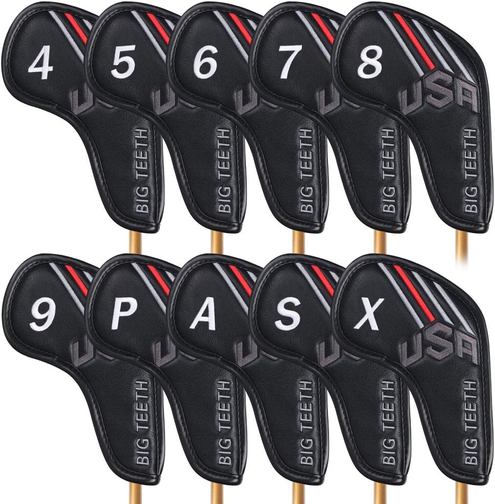 Big Teeth Golf Cover USA Stripe and Star Headcover Covers, Driver Fairway Wood Hybrid Headcovers Fits Blade Mallet Putter Iron and Woods with Magnetic Club Protector Pu Leather Golf Accessories
