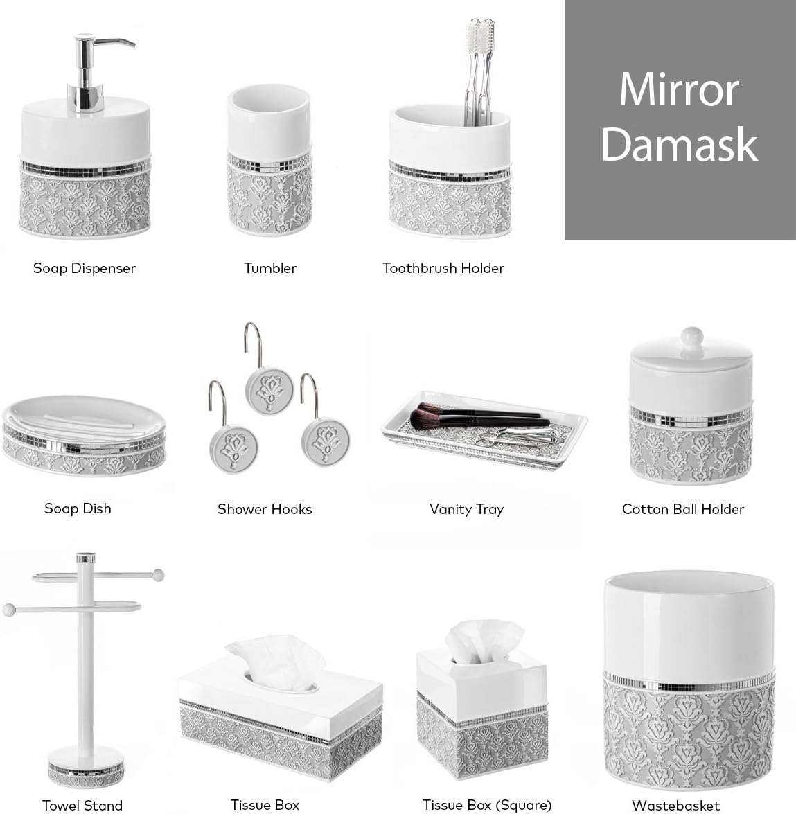 Creative Scents Mirror Damask Small Bathroom Trash Can 1.58 Gal / 6L - Decorative White and Gray Waste Basket - Durable Bathroom Wastebasket - Waste Bin for Powder Room Or Bedroom