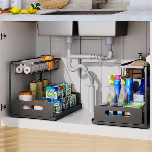 2 Pack Under Sink Organizer, 2 Tier Under Sink Organizers and Storage Multi-Purpose Under Sink Storage for Bathroom Kitchen (Black)