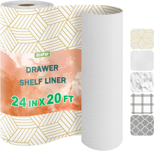 OcePor Non-Adhesive Drawer and Shelf Liner 24IN x 20FT，Non-Slip Kitchen Cabinet Liner Non-Adhesive Thick Strong Grip Waterproof Washable